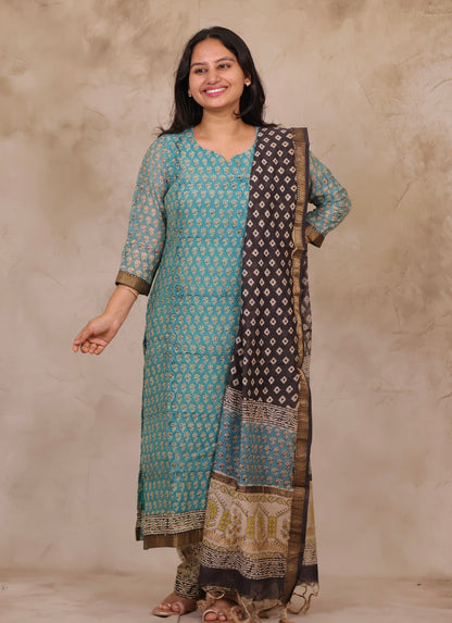 Powder Blue Handblock printed Pure Maheswari Silk 3 piece suit (stitched)