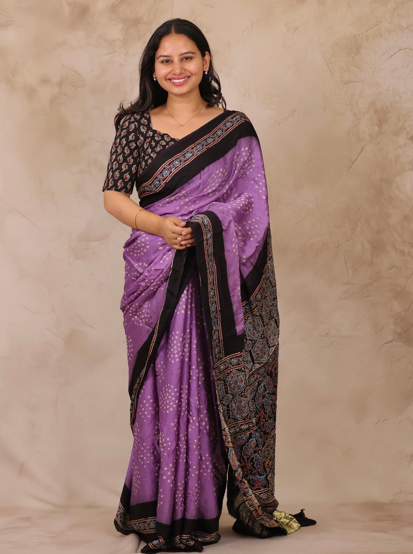 Lavender Hand Knotted Bandhej Arakh Modal Silk Saree with Lagdi Pallu | Looms & Tassels