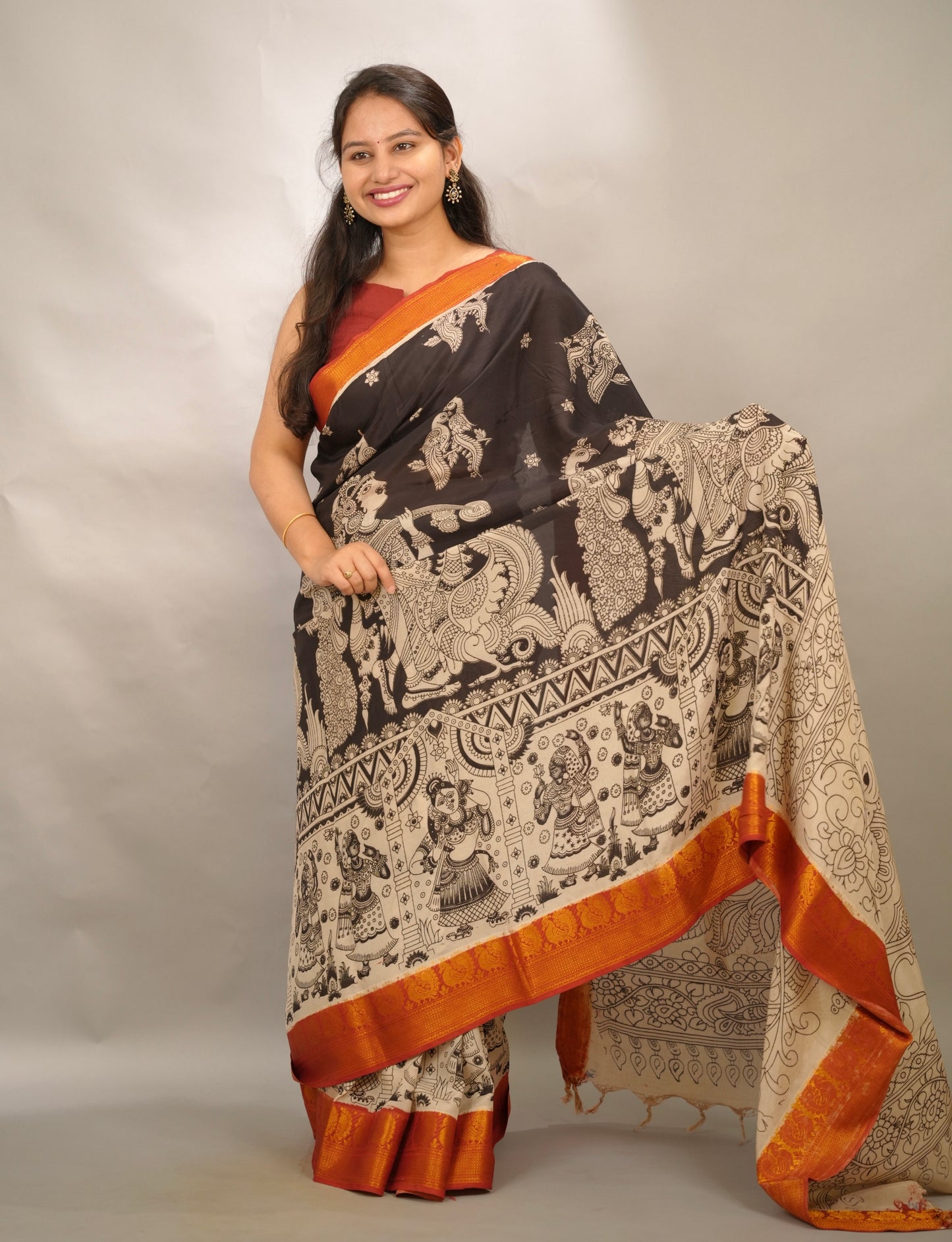 Black Kanchi border Kalamkari Chennur Silk Saree| Looms & Tassels