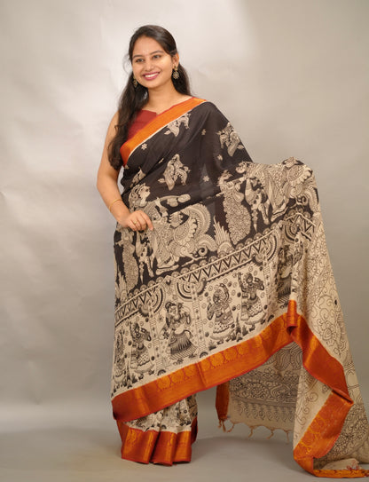 Black Kanchi border Kalamkari Chennur Silk Saree| Looms & Tassels