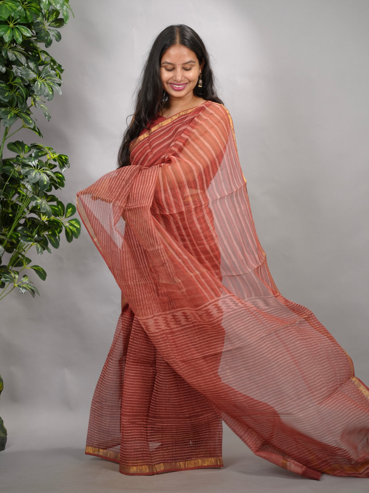 Maroon Stripes Contemporary Pure Kota Doria Saree with Bagru Handblock Prints