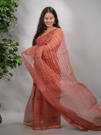 Maroon Stripes Contemporary Pure Kota Doria Saree with Bagru Handblock Prints