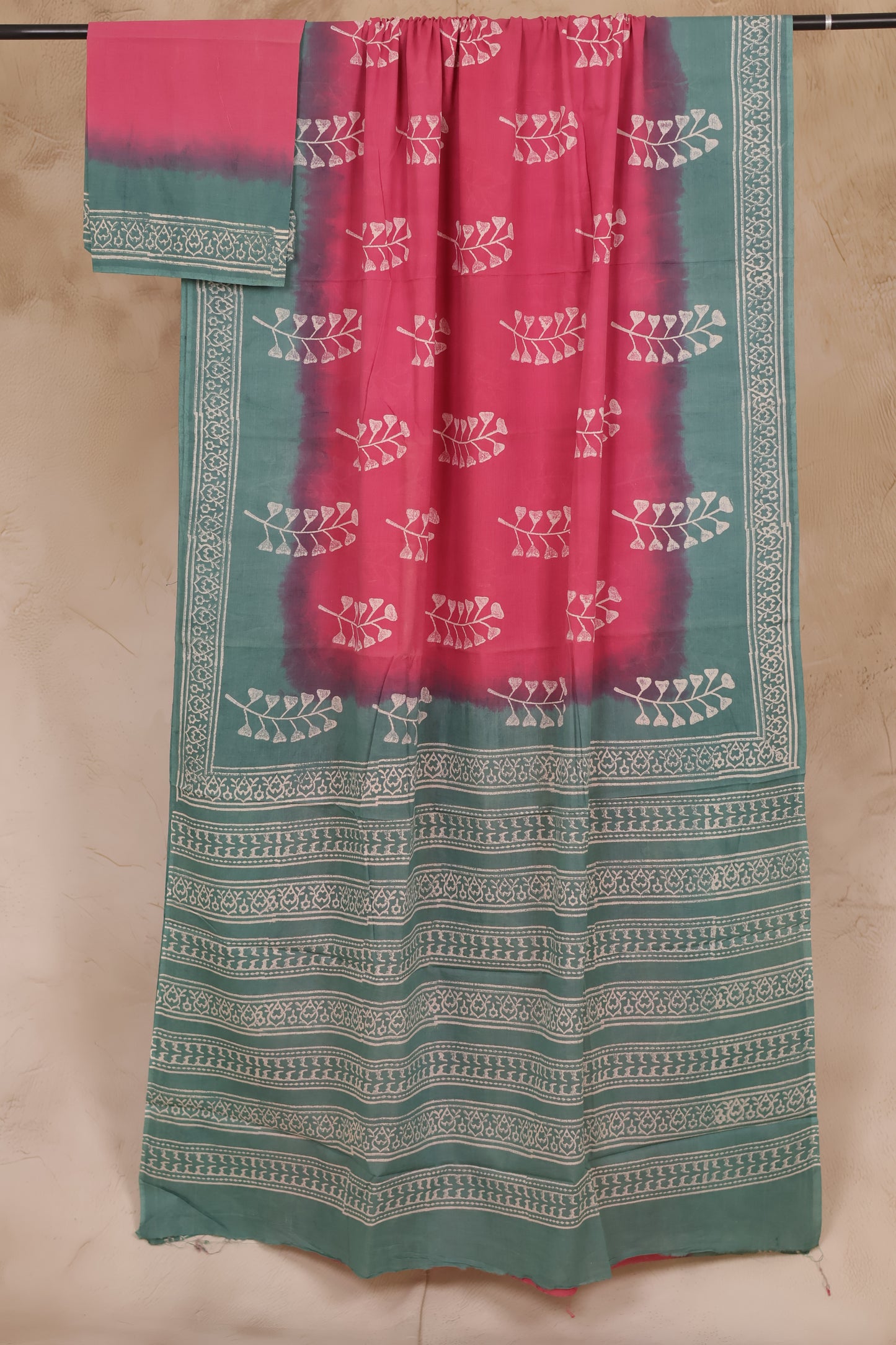 Pink & Sea Green Bagru Handblock printed MulMul cotton saree | Looms & Tassels