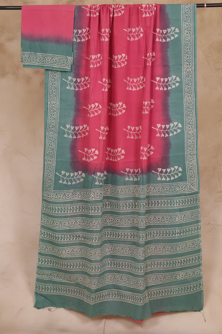 Pink & Sea Green Bagru Handblock printed MulMul cotton saree | Looms & Tassels