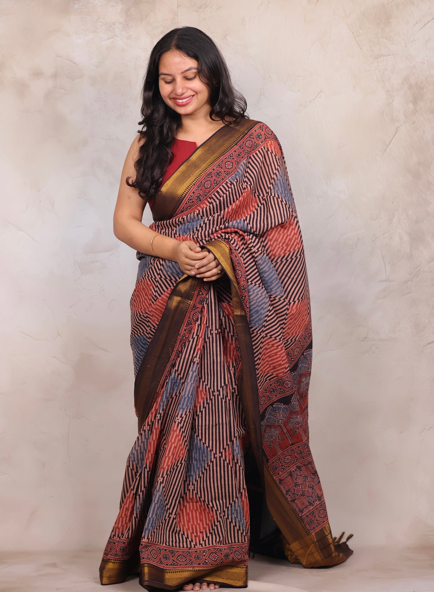 Ajrakh Hand Block Printed Mangalagiri Cotton Saree | Looms & Tassels