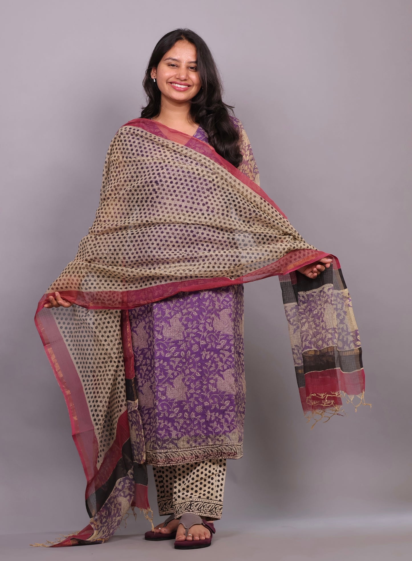 Lavender Handblock printed kota 3 piece suit (stitched)