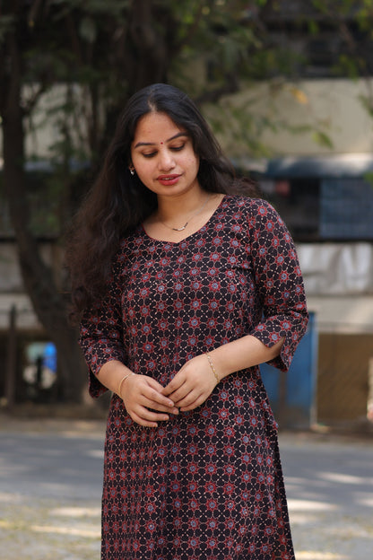 Black & Maroon Ajrakh Hand Block Printed Kurti