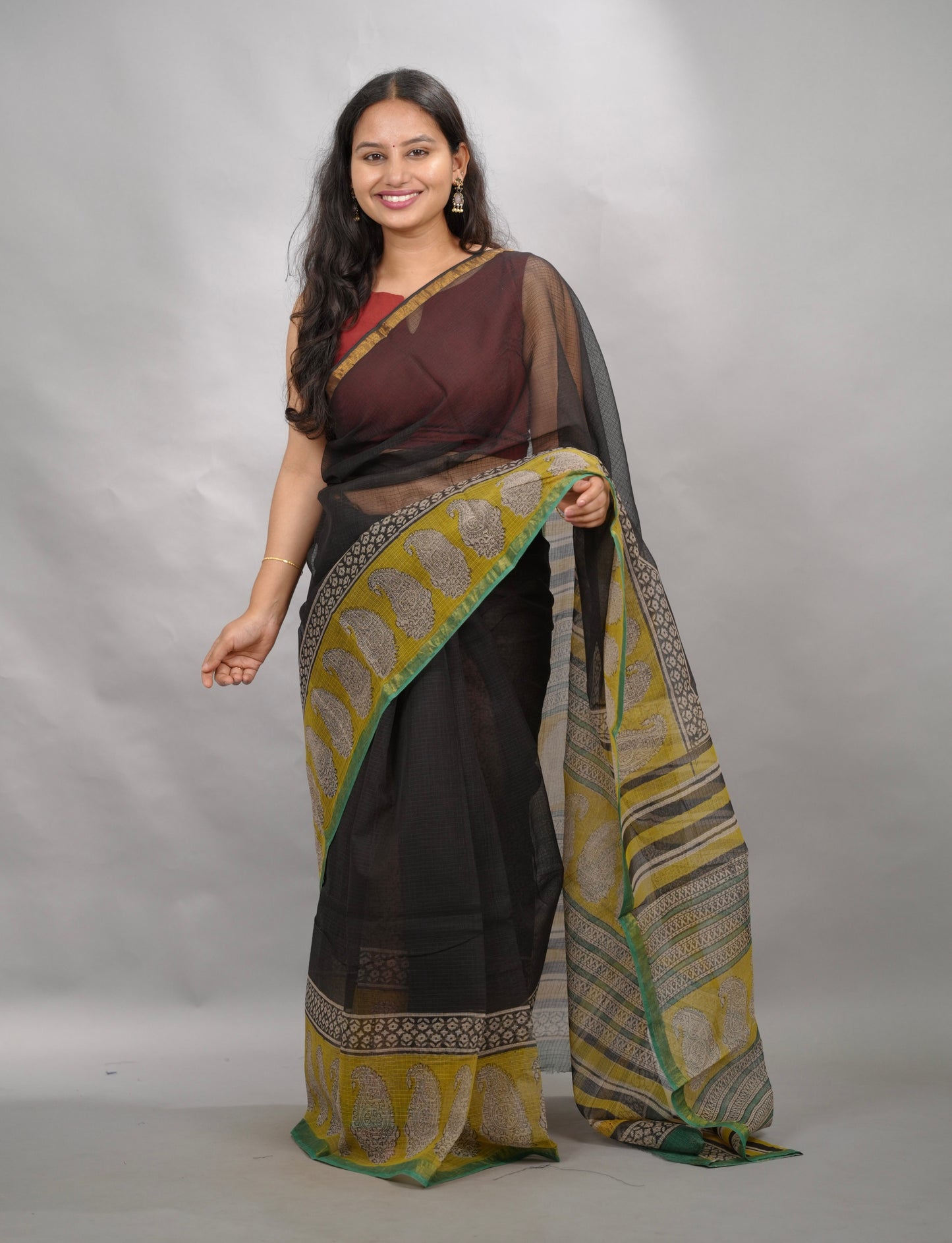 Black & Yellow Pure Kota Doria Saree with Bagru Handblock Prints | Looms & Tassels