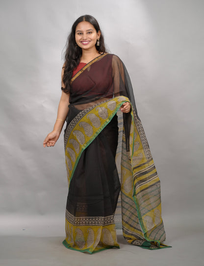 Black & Yellow Pure Kota Doria Saree with Bagru Handblock Prints | Looms & Tassels