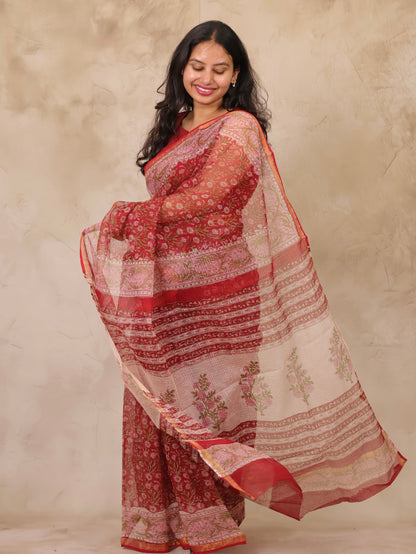 Maroon Pure Kota Doria Saree with Bagru Handblock Prints | Looms & Tassels