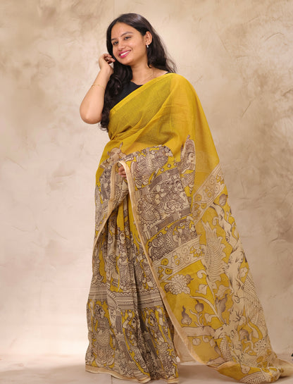 Yellow Kota Doria Saree with Kalamkari Handblock Prints | Looms & Tassels