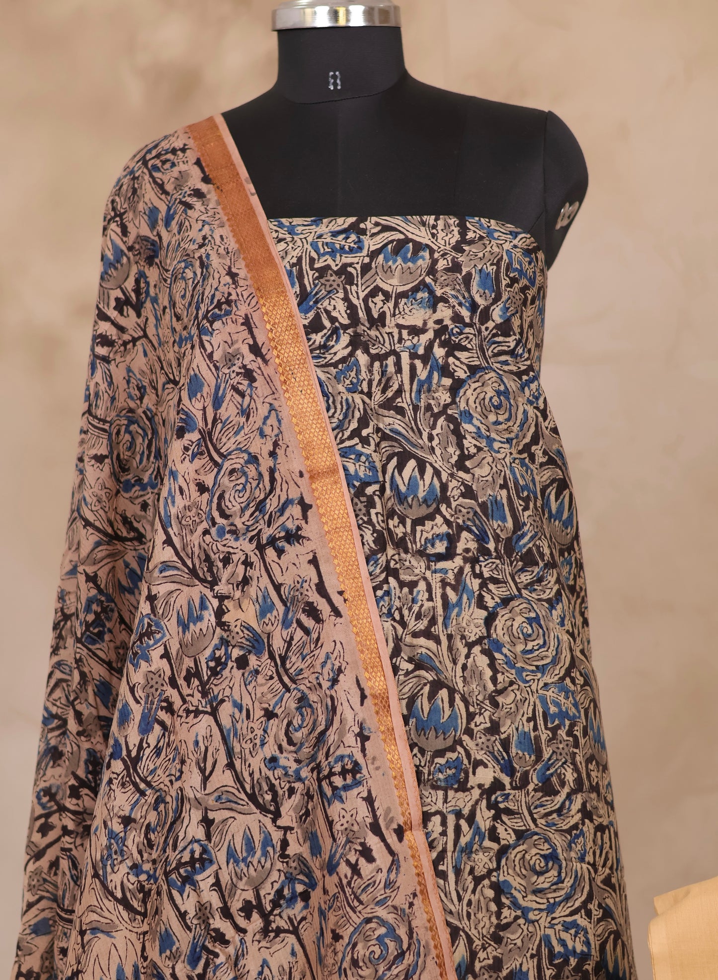 Hand Block Printed Kalamkari Unstitched 3pc Suit Set
