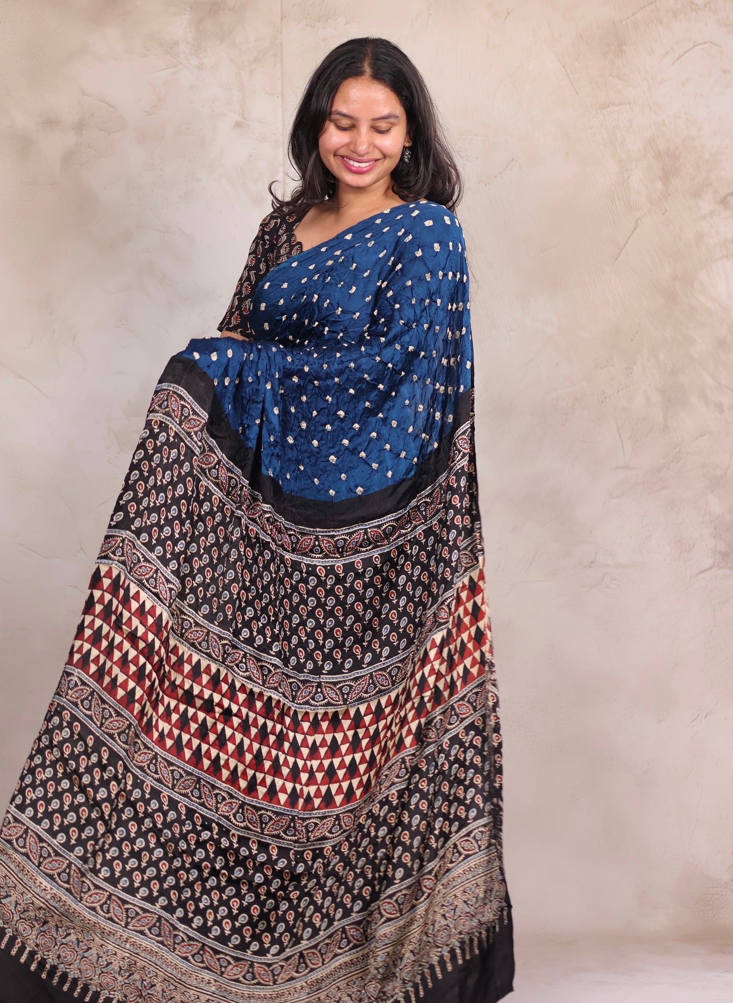 Blue Hand Knotted Bandhej Modal Silk Saree with Ajrakh Pallu | Looms & Tassels