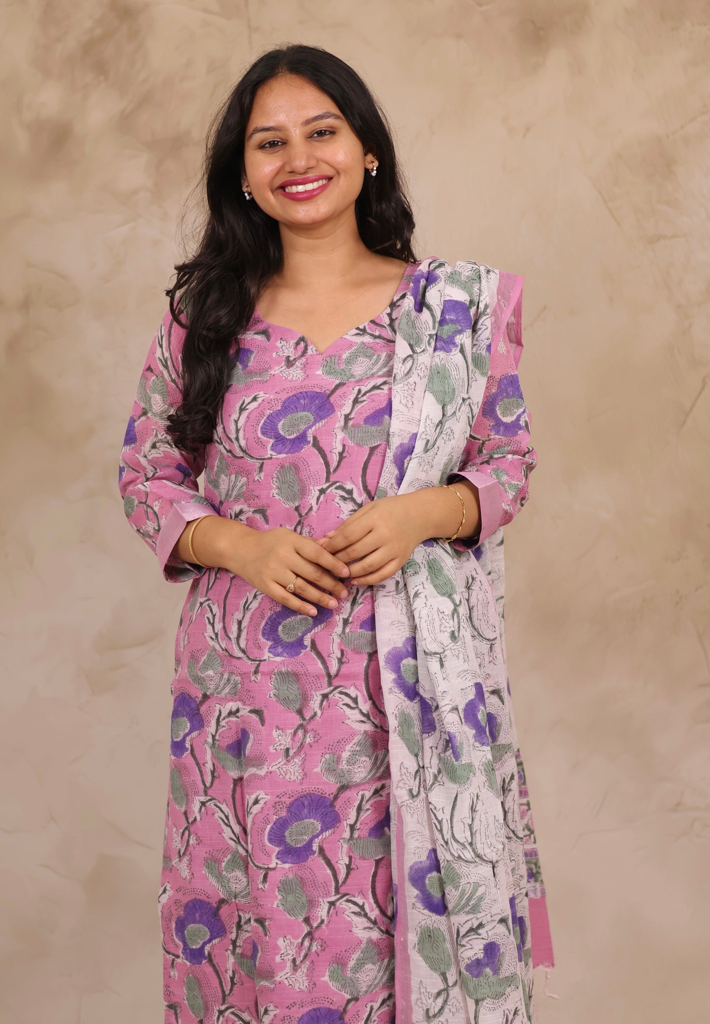 Pastel Pink Linen Cotton Handblock printed 3 piece suit (stitched)