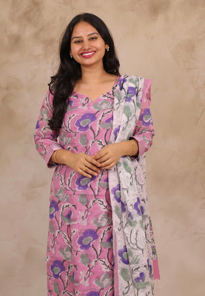 Pastel Pink Linen Cotton Handblock printed 3 piece suit (stitched)