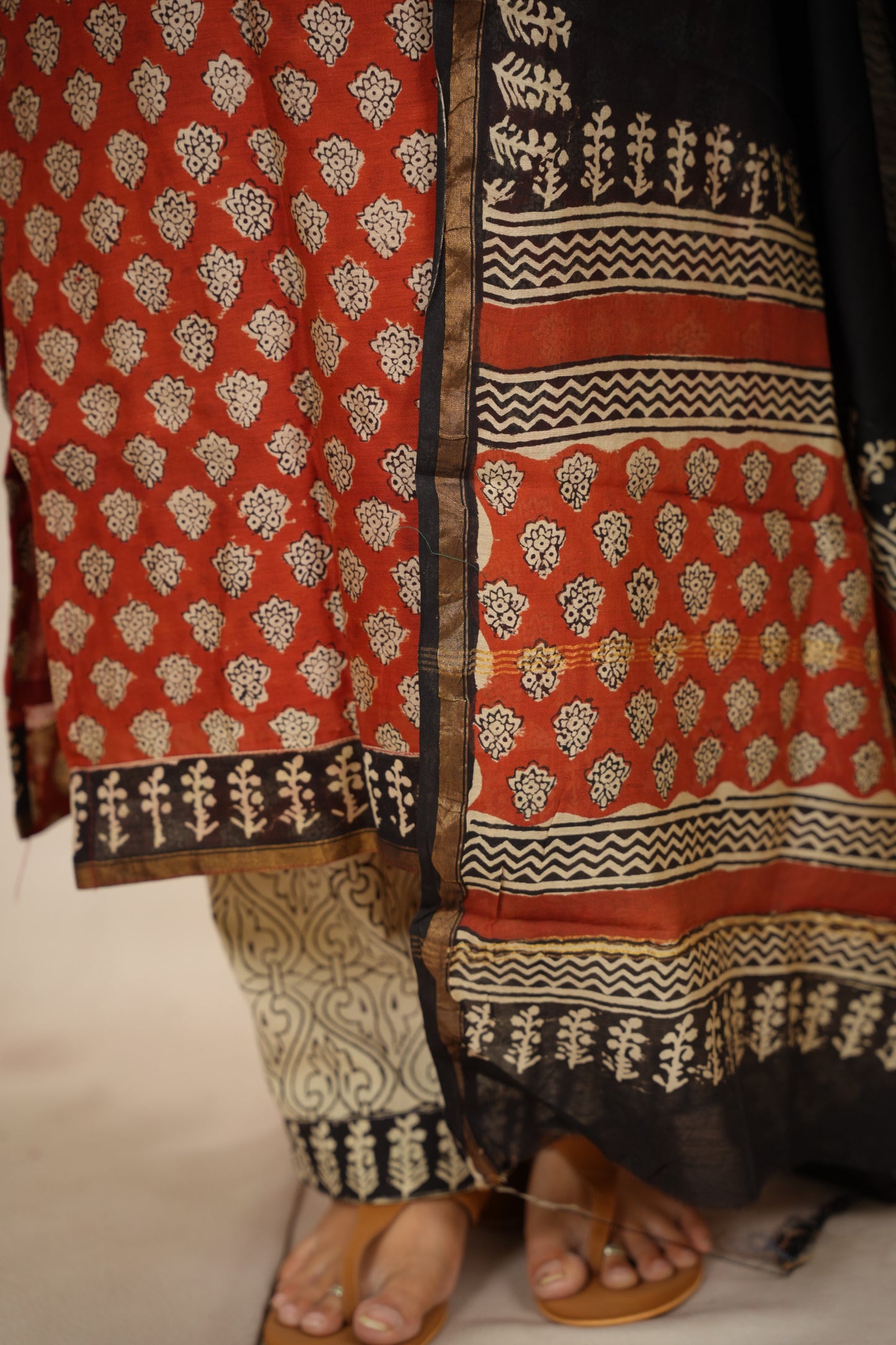 Maroon Handblock printed Pure Chenderi Silk 3 piece suit (stitched) | Looms & Tassels