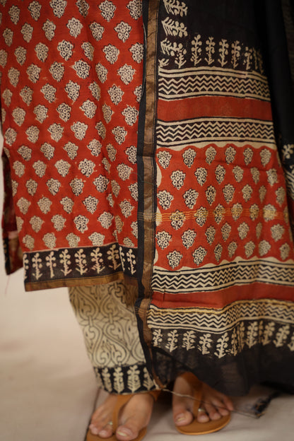 Maroon Handblock printed Pure Chenderi Silk 3 piece suit (stitched) | Looms & Tassels