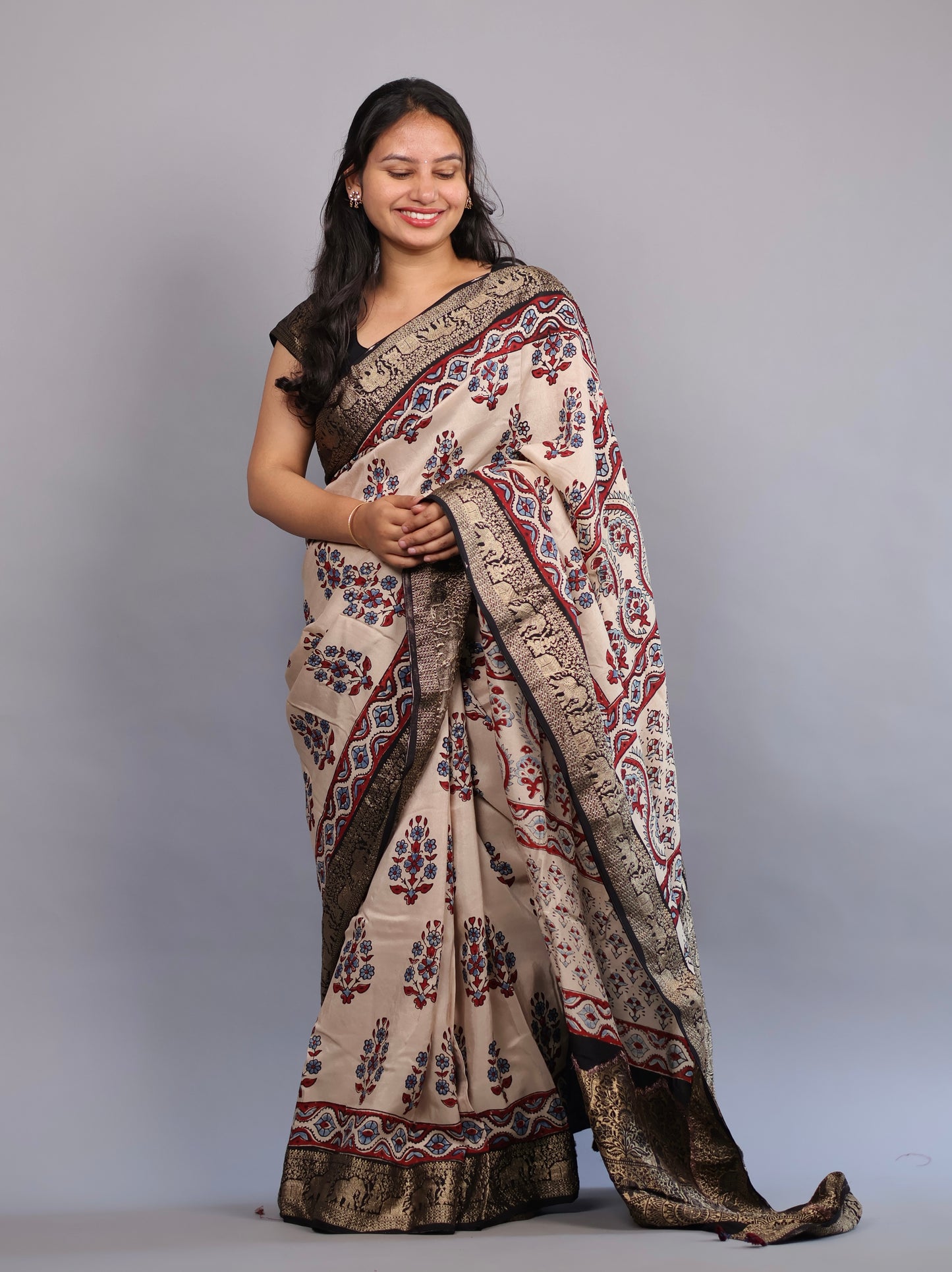 Cream Flower Butta Ajrakh Handblock printed Dola Silk Saree | Looms & Tassels