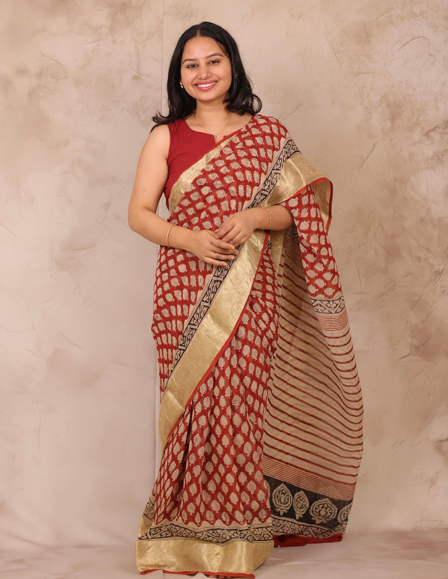 Maroon Chiffon Hand Block Printed Saree with Jari Border | Looms & Tassels