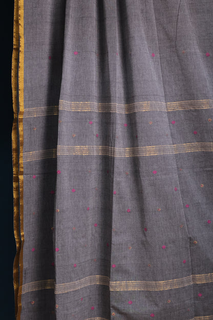 Grey Pure Handwoven Mercerised Cotton Saree with Mina Jari Butta Weav