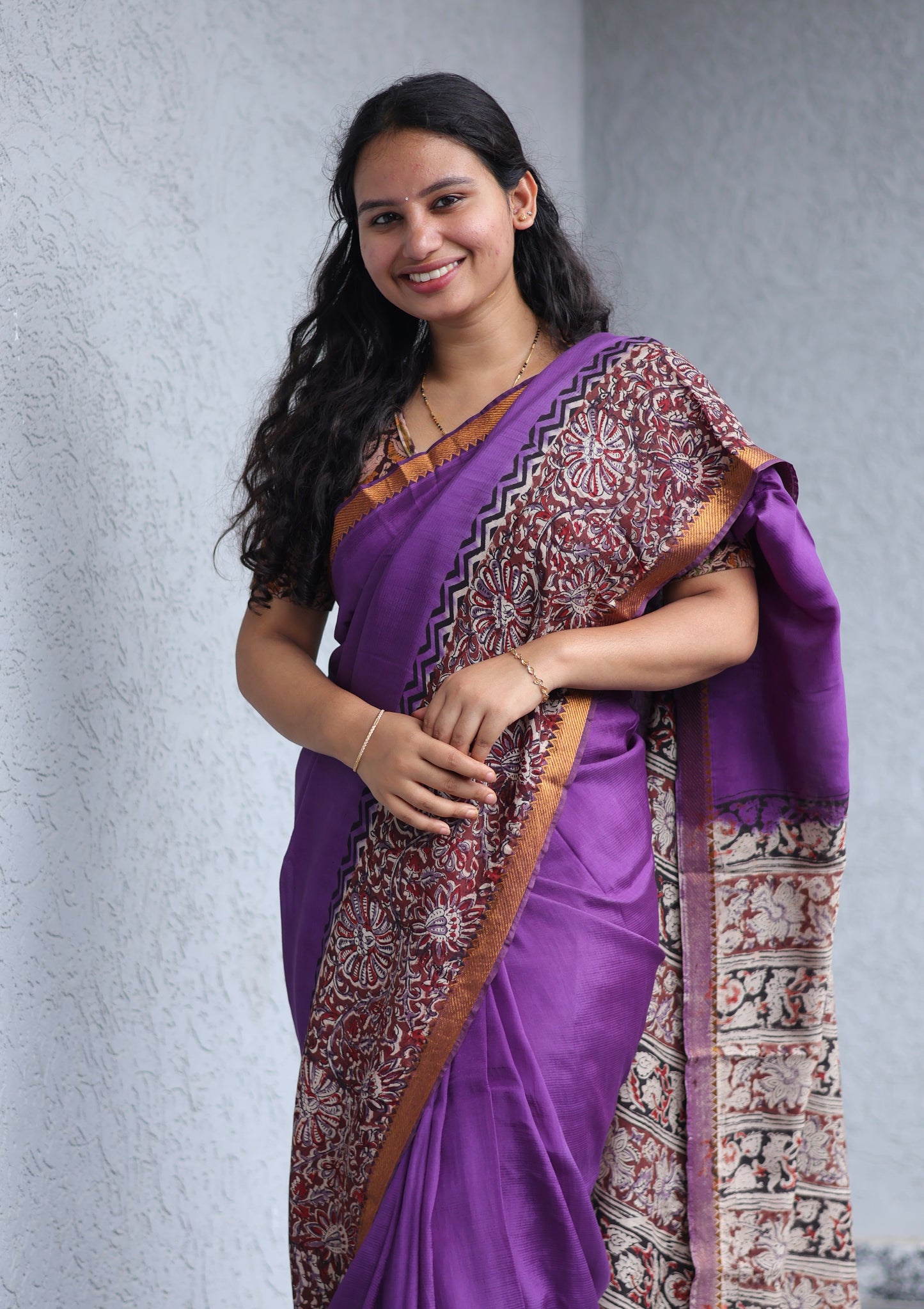 Violet Kalamkari dyeing premium chennur silk with hand block print saree