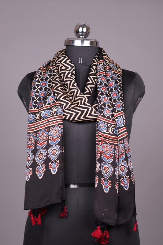 Black Ajrakh Hand Block Printed Modal Silk Stole | Looms & Tassels