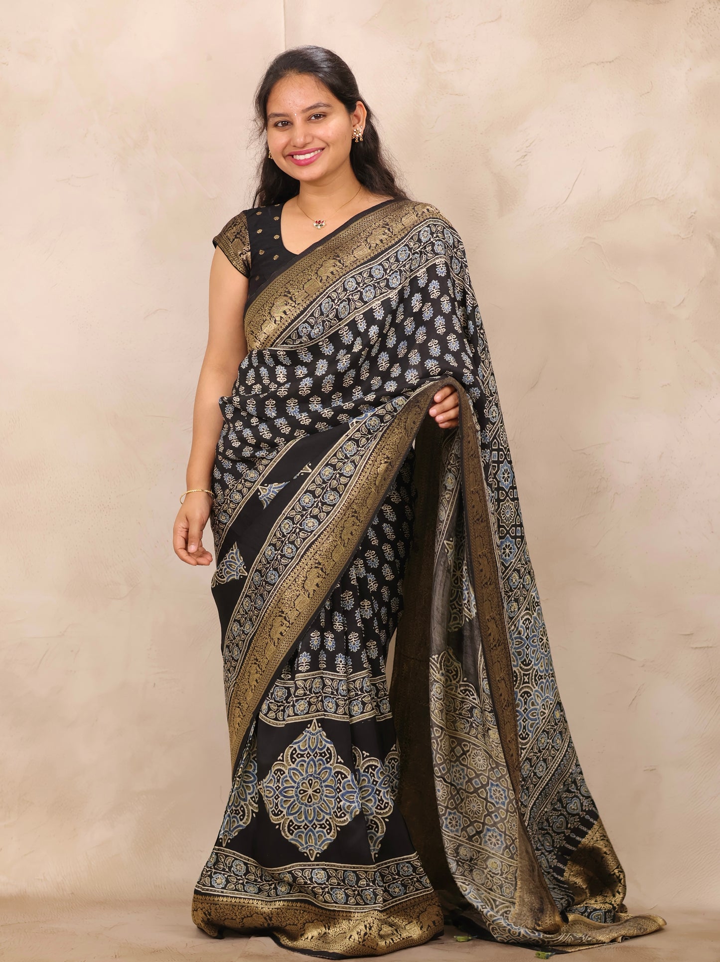 Black Ajrakh Handblock printed Dola Silk Saree | Looms & Tassels