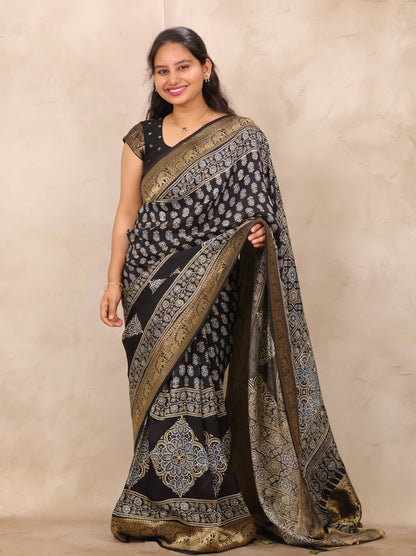 Black Ajrakh Handblock printed Dola Silk Saree | Looms & Tassels