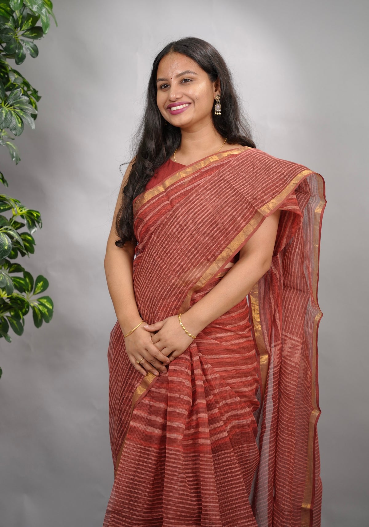 Maroon Stripes Contemporary Pure Kota Doria Saree with Bagru Handblock Prints