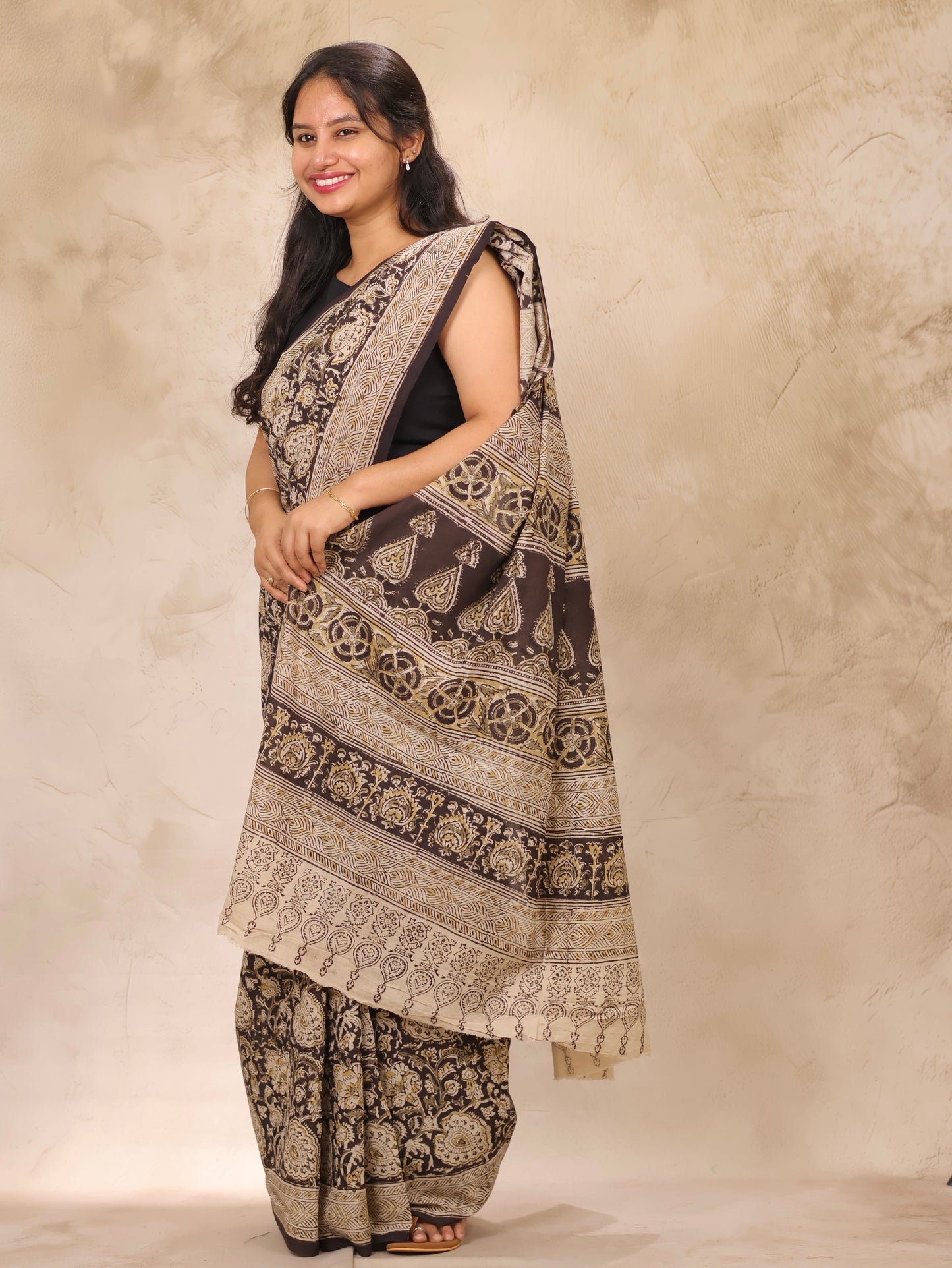 Black Hand Block Printed Kalamkari Cotton Saree | Looms & Tassels