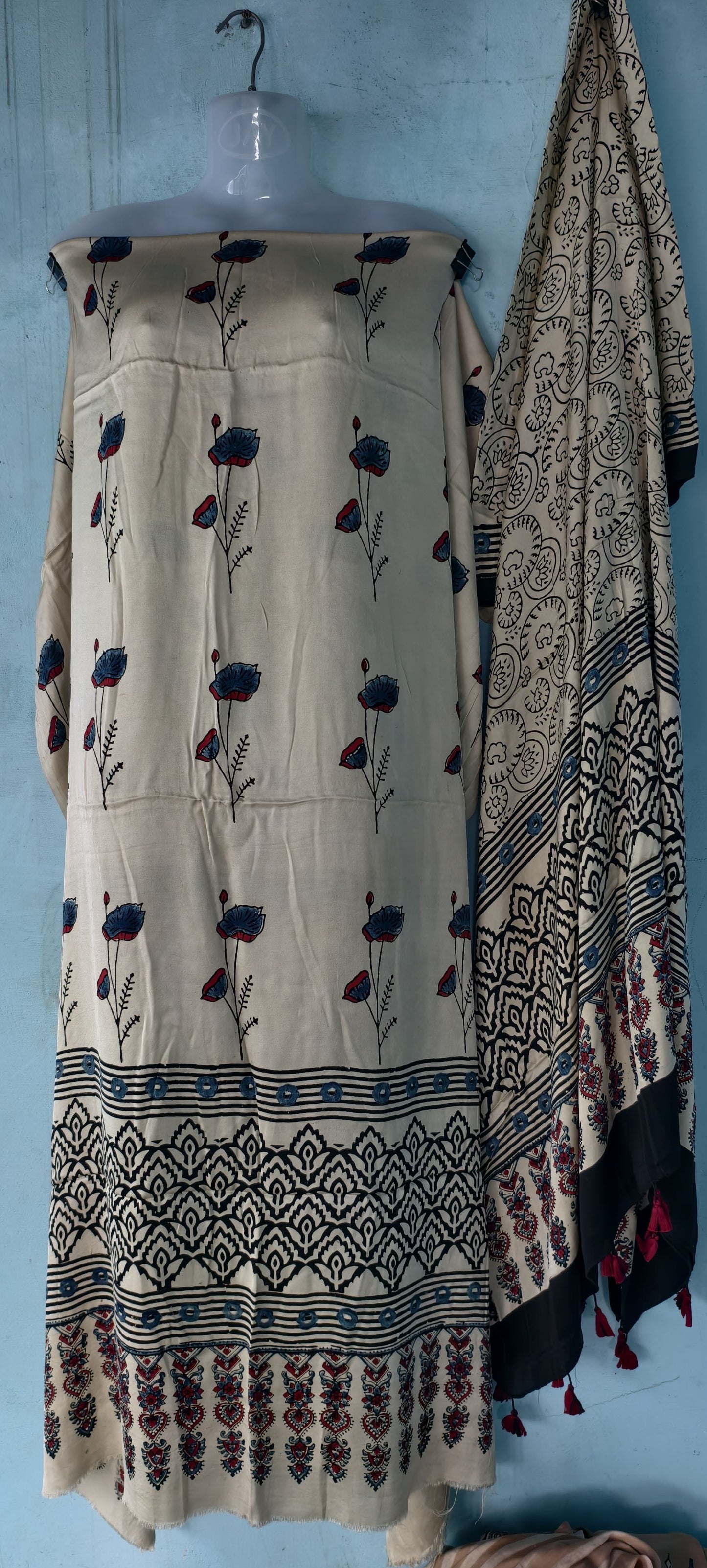 Handblock printed Ajrakh modal silk 2 piece suit set