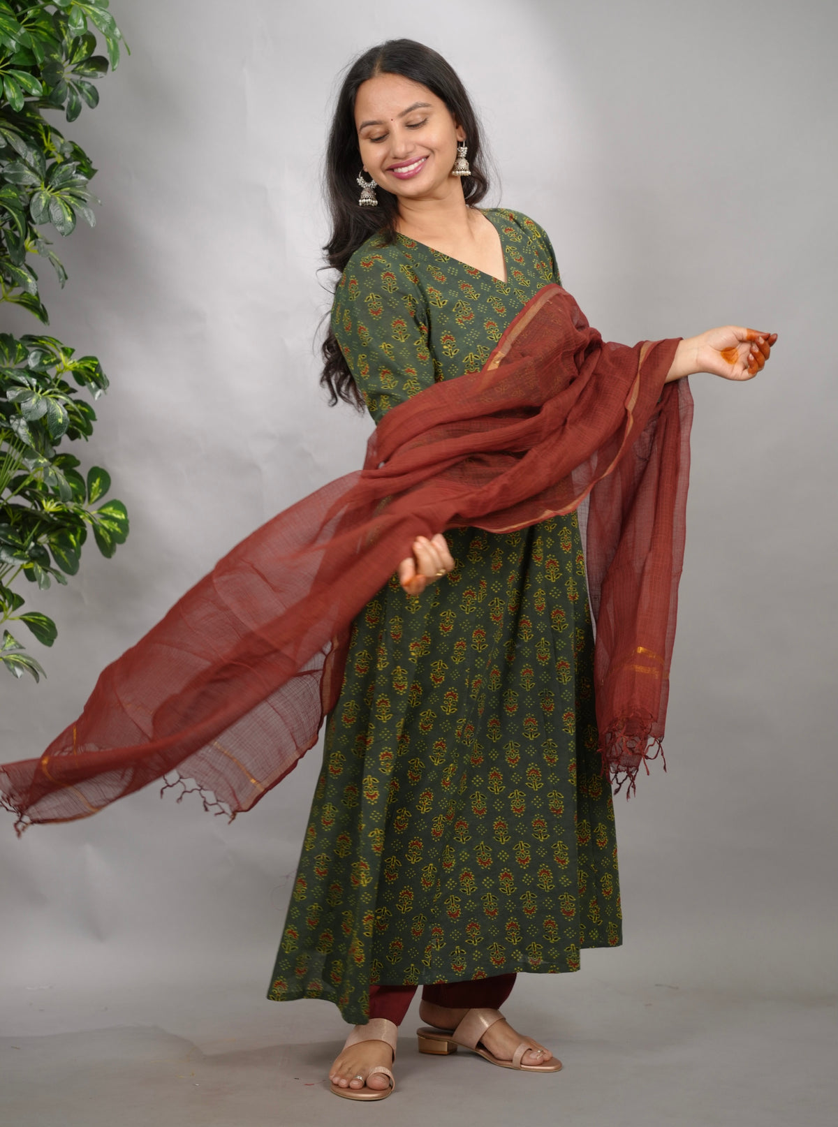 Green Ajrakh Cotton Kali Kurta | Looms & Tassels