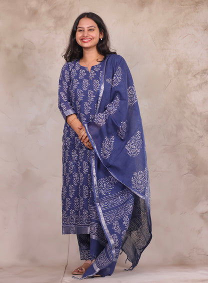 Indigo Linen Cotton Handblock printed 3 piece suit (stitched)