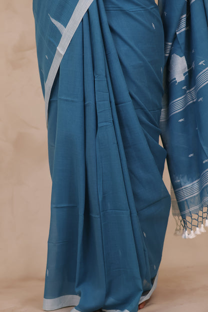Blue Handwoven Malai Cotton Saree| Looms & Tassels