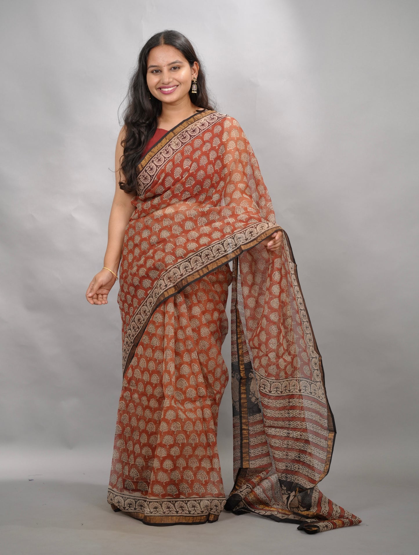Maroon Pure Kota Doria Saree with Bagru Handblock Prints | Looms & Tassels
