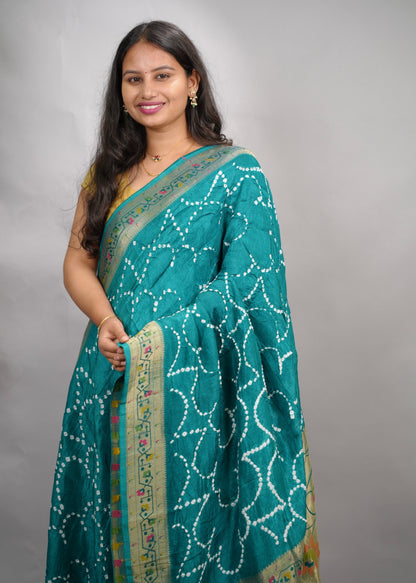 Blue Handcrafted  Pattern Bandhani Paithani Dola Silk Saree | Looms & Tassels