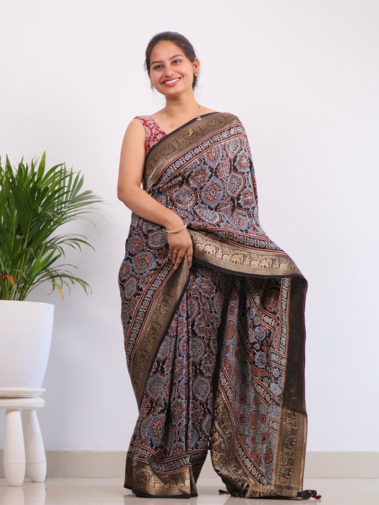 Ajrakh Dola Silk Saree