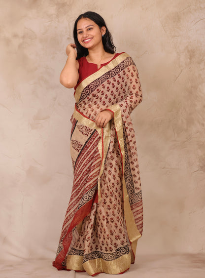 Cream Chiffon Hand Block Printed Saree with Jari Border | Looms & Tassels