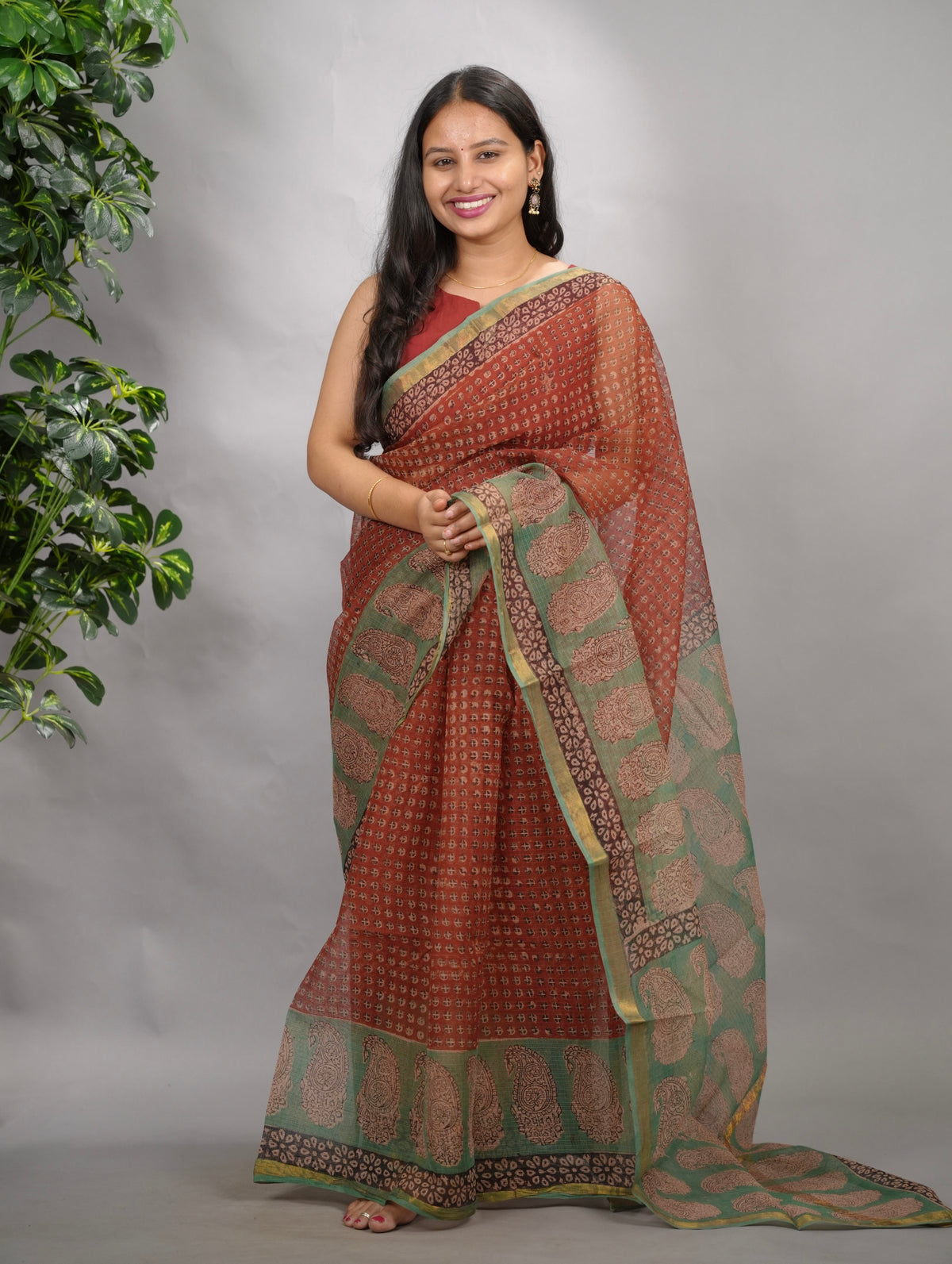 Maroon Pure Kota Doria Saree with Bagru Handblock Prints