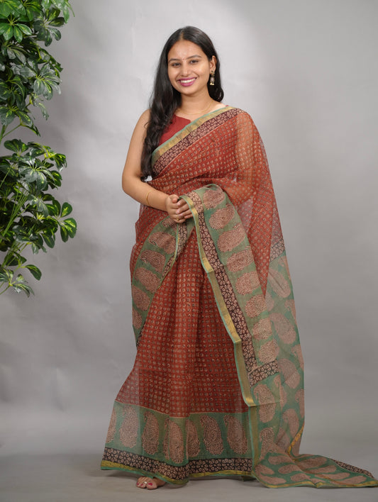 Maroon Pure Kota Doria Saree with Bagru Handblock Prints