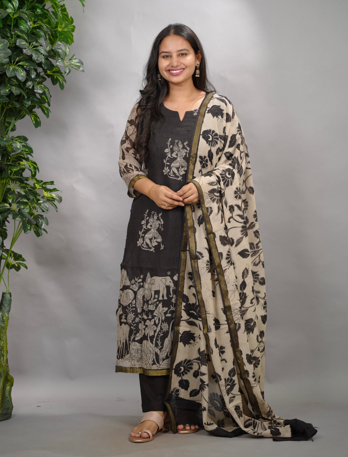 Black Kalamkari Kota Cotton 3 piece suit (stitched) | Looms & Tassels