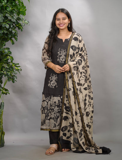 Black Kalamkari Kota Cotton 3 piece suit (stitched) | Looms & Tassels