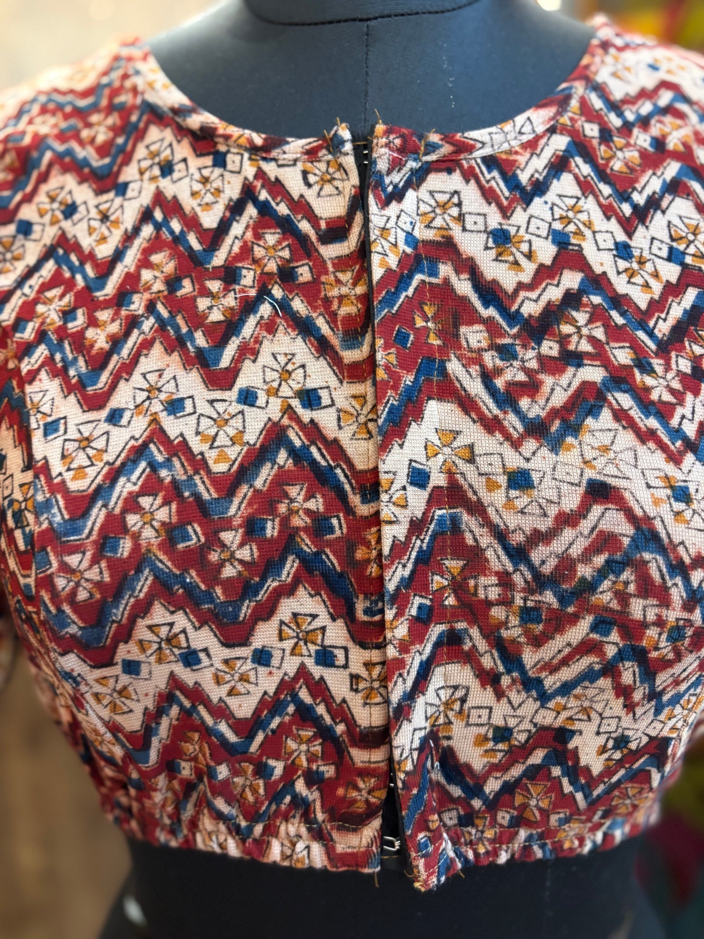 Round neck Stretchable Hand block printed kalamkari blouse with front hooks