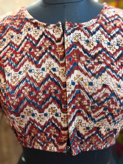 Round neck Stretchable Hand block printed kalamkari blouse with front hooks