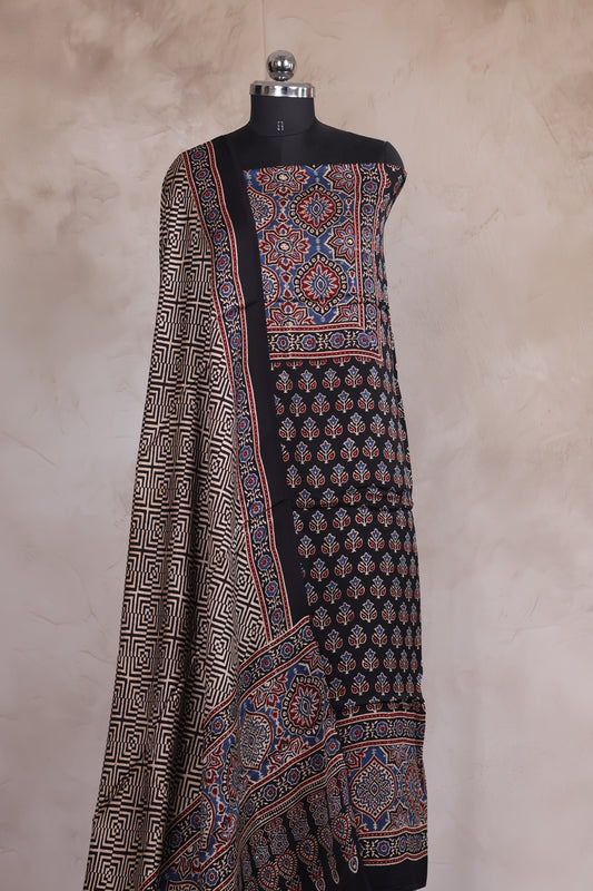 Black Floral Ajrakh Handblock Printed Modal Silk 2 Piece Suit Set | Looms & Tassels