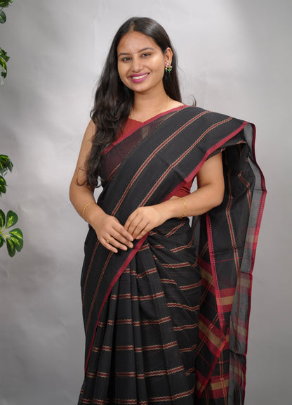 Black Narayanpet Cotton Saree | Looms & Tassels