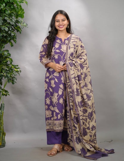 Purple Kalamkari Kota Cotton 3 piece suit (stitched) | Looms & Tassels