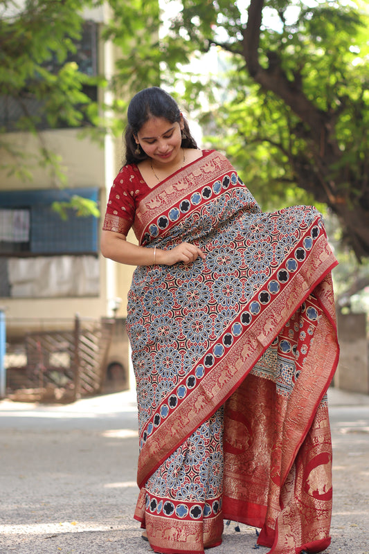 Ajrakh Dola Silk Saree