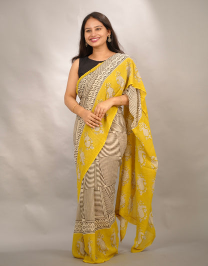 Cream & Yellow Georgette Hand Block Printed Saree| Looms & Tassels