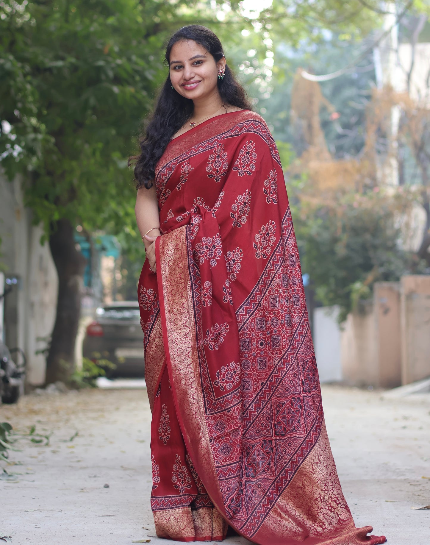 Maroon Butta Ajrakh Handblock Printed Dola Silk Saree